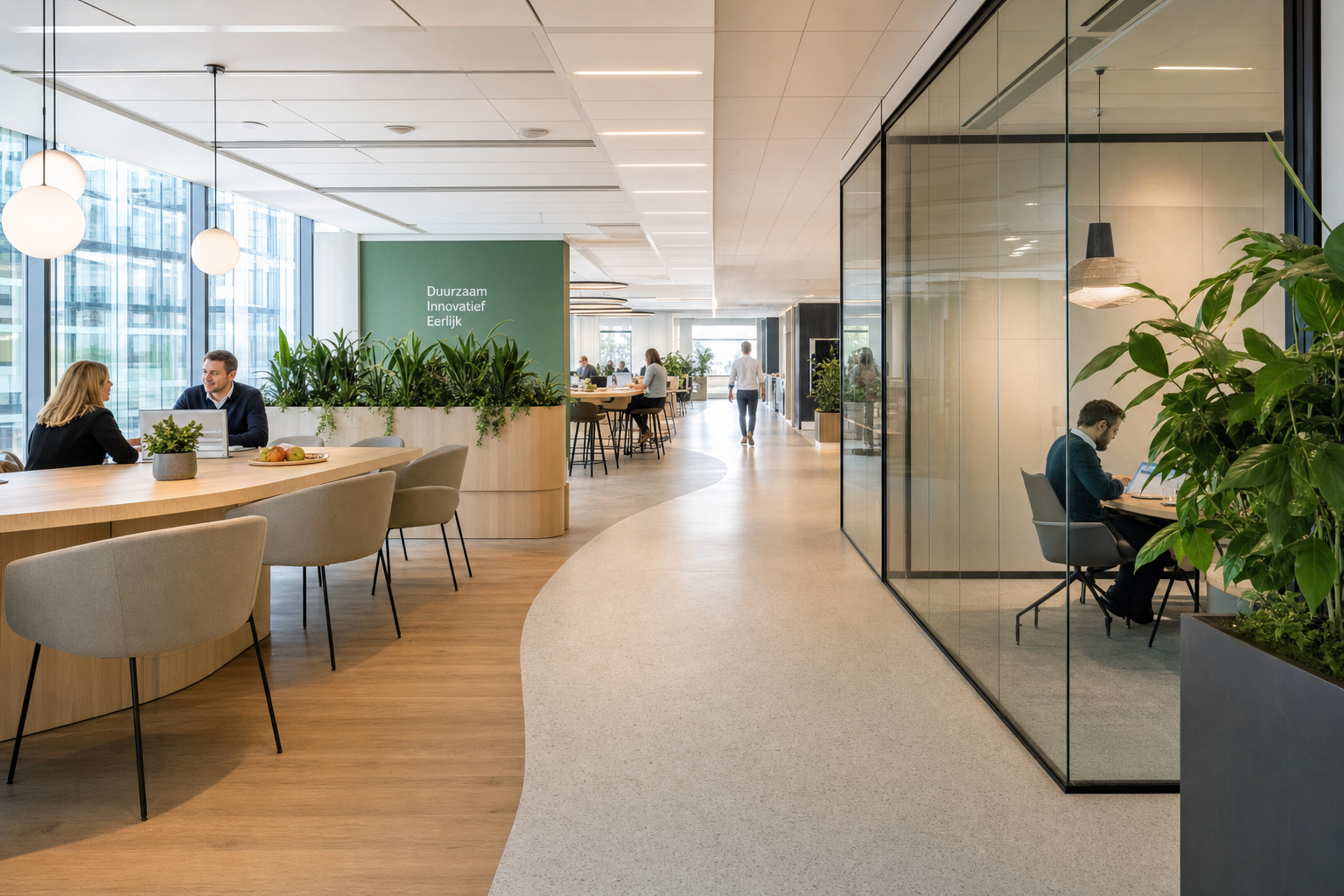 Kantoorindeling met looproutes voor samenwerking en concentratie