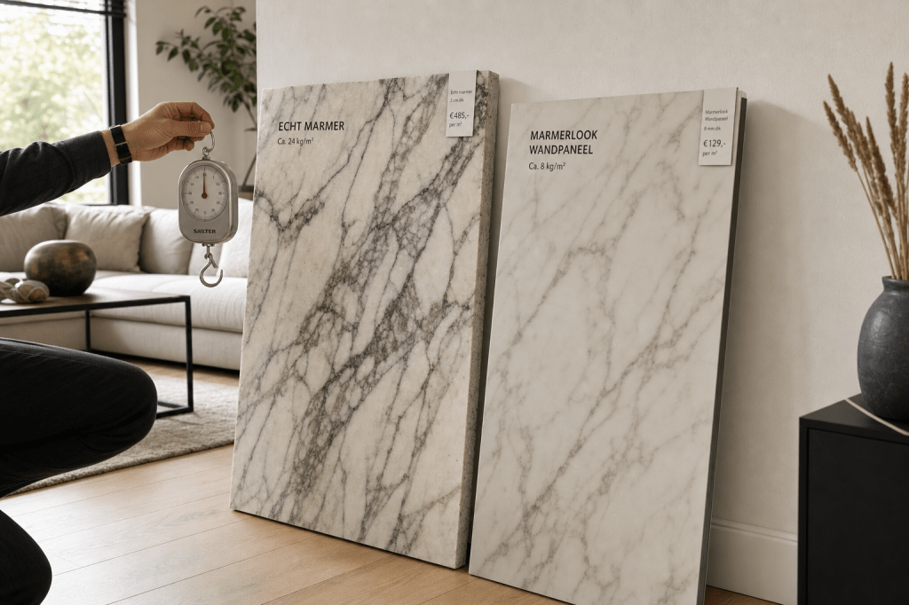 Wat is het verschil tussen een wandpaneel marmer en echt marmer in prijs, gewicht en uitstraling, en wanneer kies je welke&nbsp;optie?