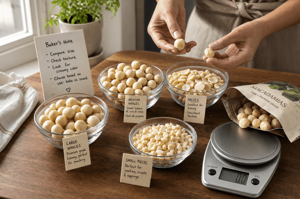 Hoe kies je de juiste maat en kwaliteit (heel, halves of stukjes) wanneer je macadamia noten koopt voor bakken, koken of als snack?